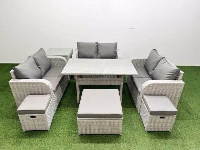 Fimous 9 Seater PE Wicker Rattan Garden Furniture Set in Light Grey with Rectangular Glass Top Dining Table, 2 Seater Love Sofa and 3 Stools