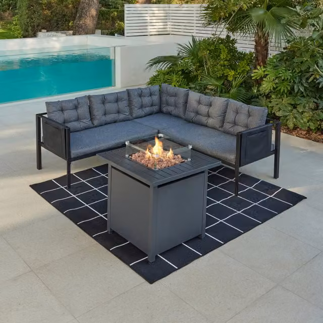 GRS Tara Black L-Shape Garden Sofa Set with Optional Fire Pit Table in Grey and Black