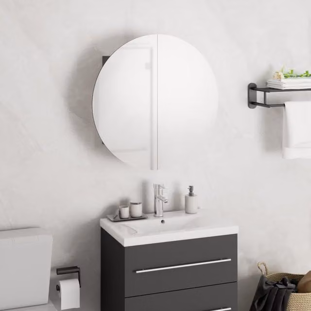 Berkfield Home Grey Wall Mounted Bathroom Cabinet with LED Integrated Round Mirror W/D/H: 40 x 40 x 17.5 cm