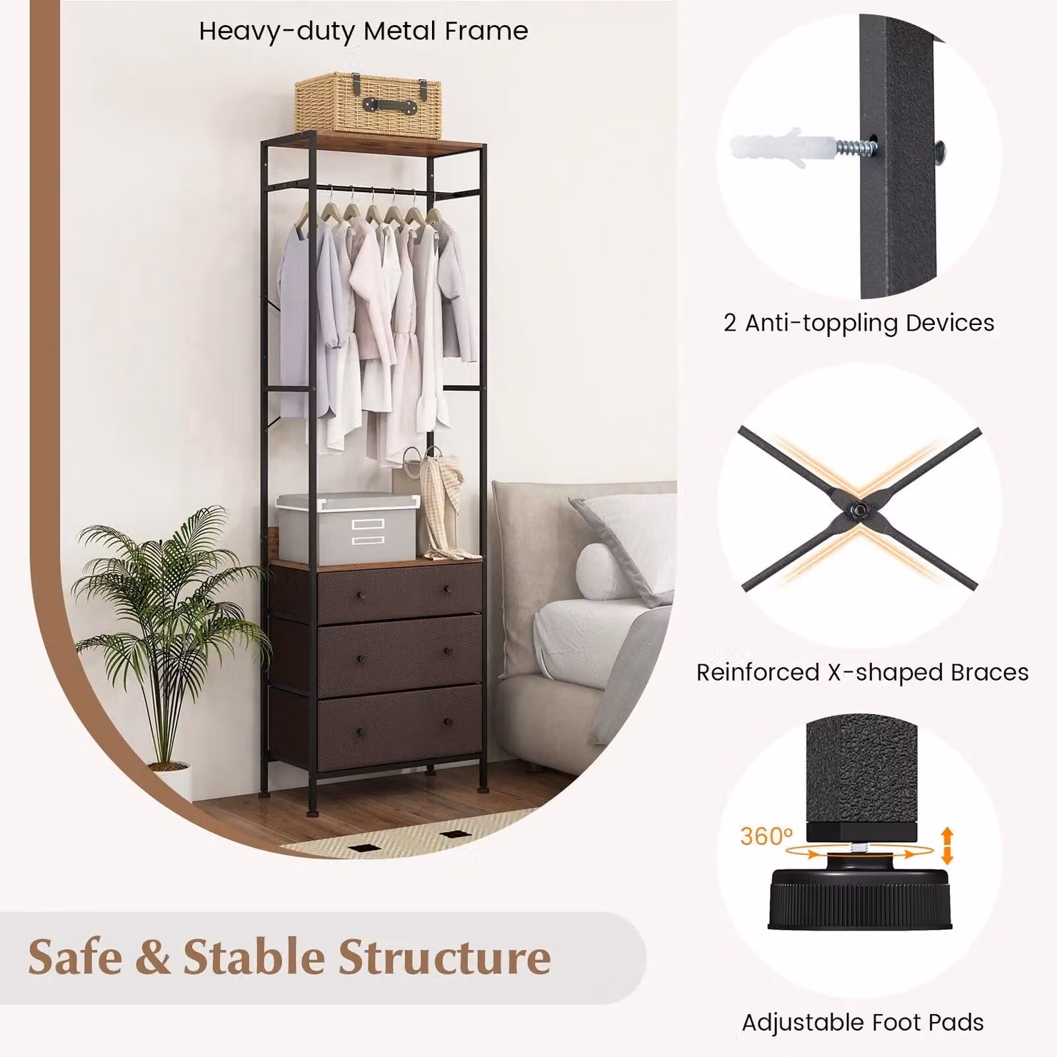 Costway Brown Metal Freestanding Clothes Rack and Industrial Closet Organiser – 6
