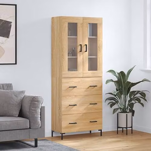 vidaXL Highboard in Brown with Glass Doors and Internal Drawers, H 180 x W 69.5 x D 34 cm – 2