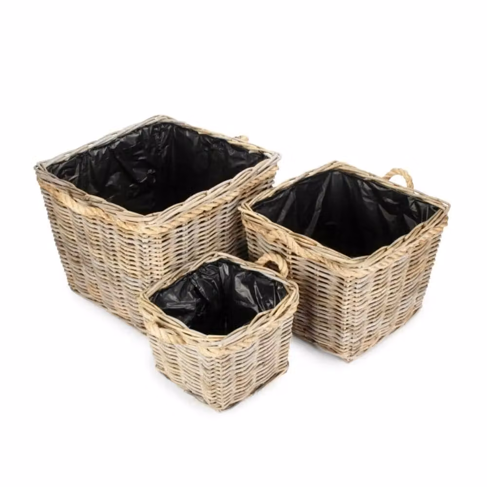 Red Hamper Set of 3 Square Tapered Rattan Planters with Plastic Lining in Natural – 2
