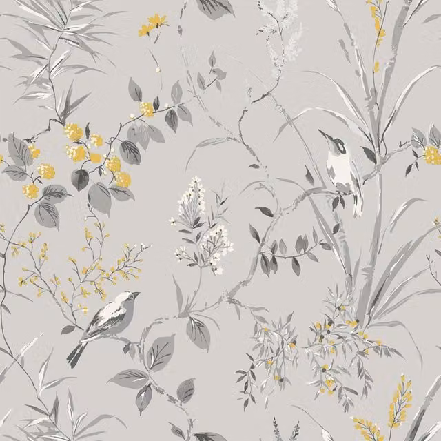 Crown Mariko Bird Floral and Botanical Wallpaper in Grey Matt Finish