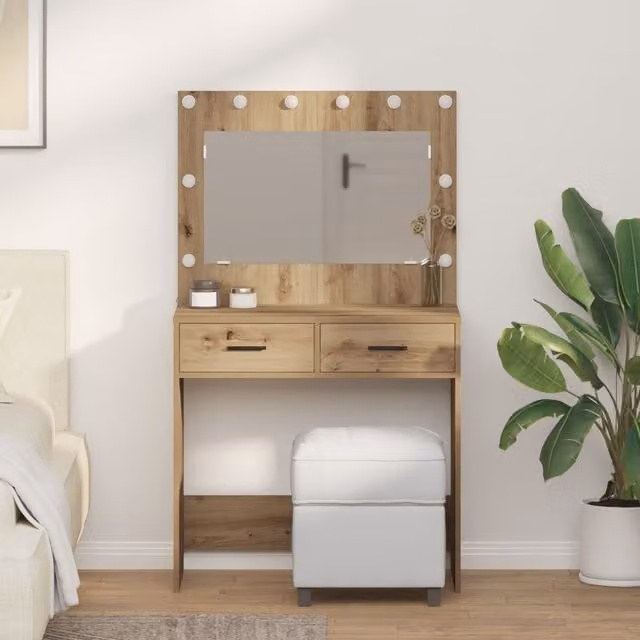 Berkfield Home Artisan Oak Dressing Table with LED Lights, Brown, W: 78.5 cm, D: 41 cm, H: 135 cm