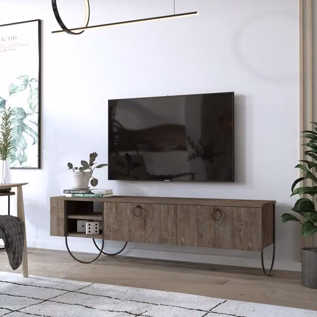 FWStyle Large TV Multimedia Unit with 2 Doors and Open Shelf in Dark Coffee Oak