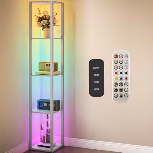 HOMCOM RGB LED Floor Lamp with Shelves and Remote Control, Grey