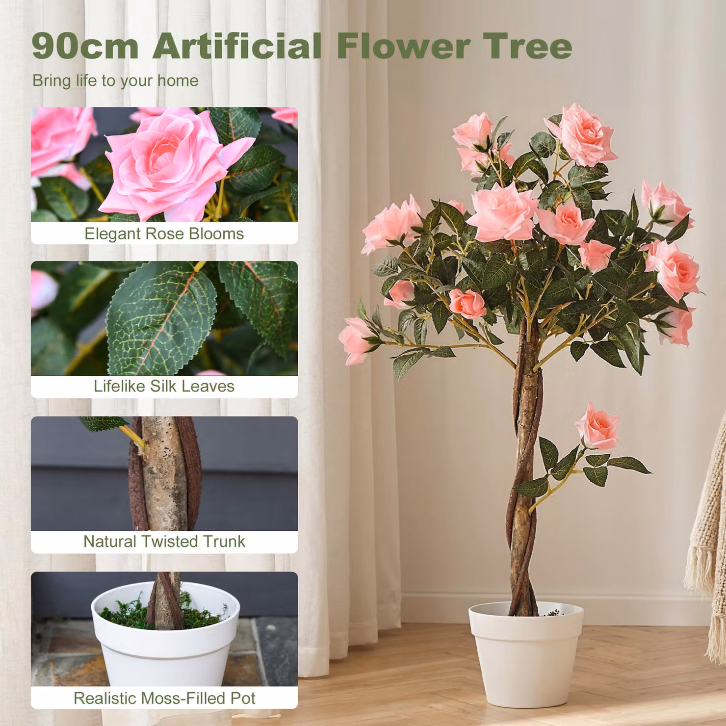 Outsunny Artificial Rose Tree with 21 Pink and Green Flowers, Height: 90 cm – 4