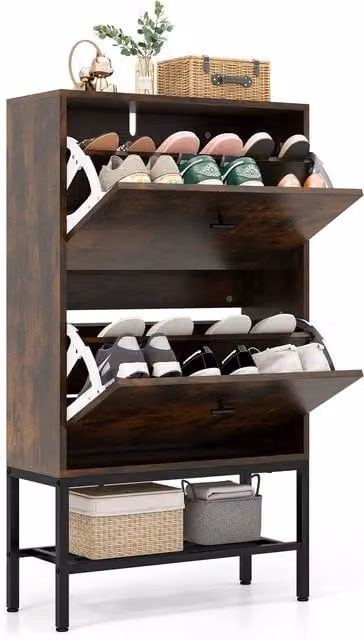 COSTWAY Industrial Freestanding Shoe Storage Cabinet with 2 Tilting Compartments in Brown