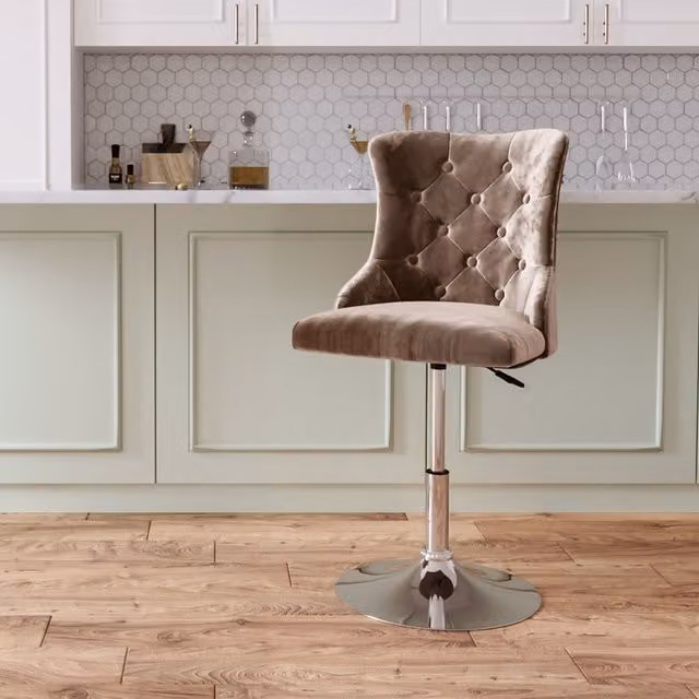 Livingandhome Brown Velvet Adjustable Swivel Bar Stool with Button Detailing