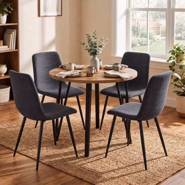 FWStyle Round Oak Dining Table Set with 4 Grey Linen Chairs in Brown, Diameter: 90 cm