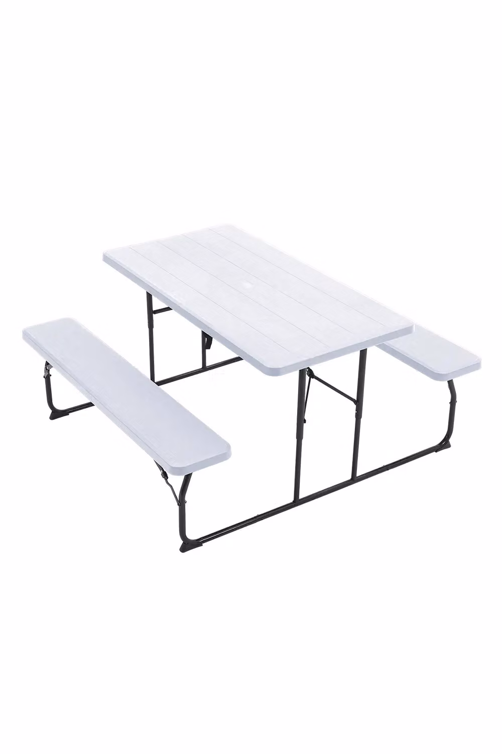 H&O Direct White Outdoor Folding Picnic Dining Table and Benches Set with Parasol Hole – 3