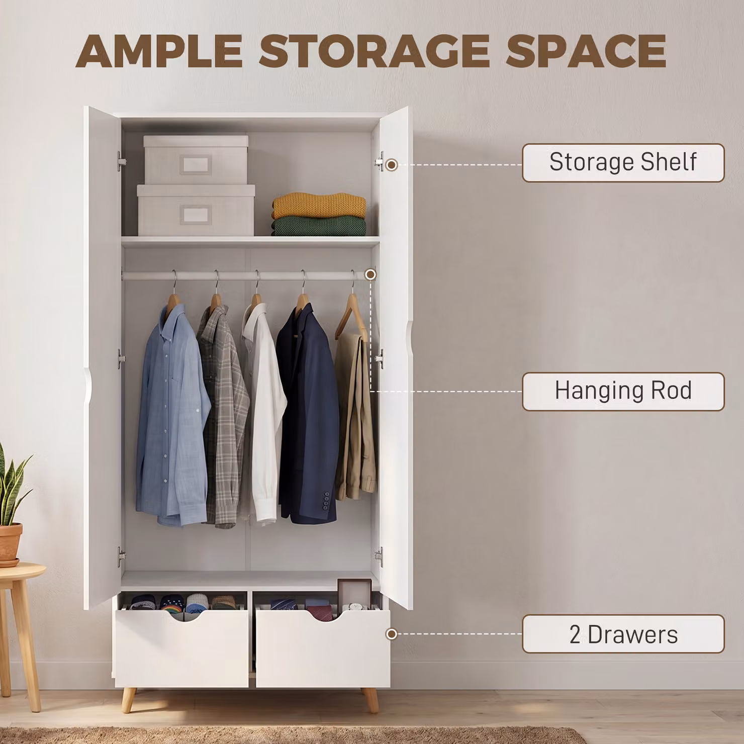 HOMCOM Modern White 2-Door Clothes Wardrobe with 2 Drawers and Wood Feet – 3