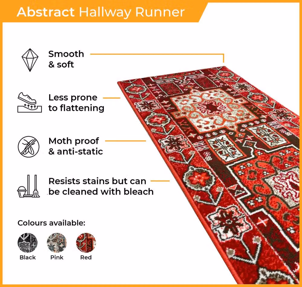 runrug Abstract Hallway Carpet Runner Rug in Red, W: 60 cm, L: 420 cm – 2