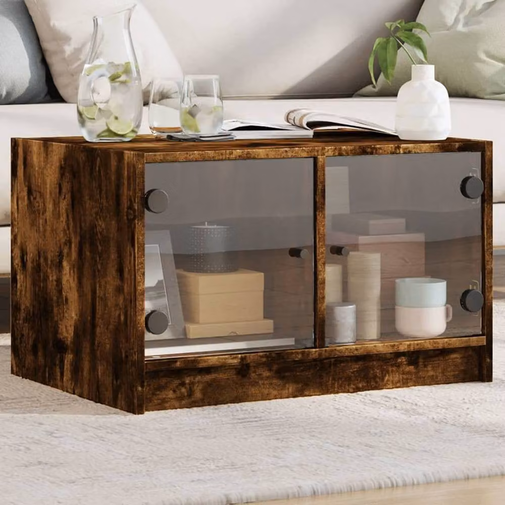 Berkfield Home Modern Coffee Table with Glass Doors in Smoked Oak Brown, W/D/H: 68 x 50 x 42 cm – 2