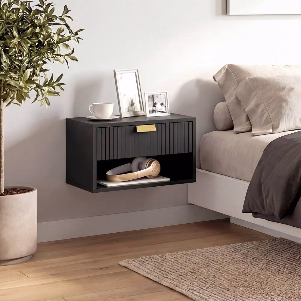 STILVORA Wall Mounted Nightstand Set with Fluted Drawer in Black – 8