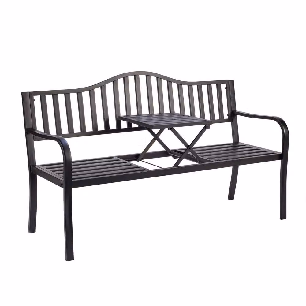 Home Source Black Metal Garden Bench Loveseat with Centre Drinks Table and Armrests – 2