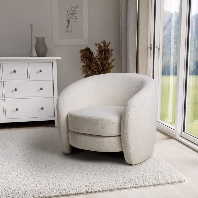 Shankar White Bouclé Tub Lounge Chair with Armrests