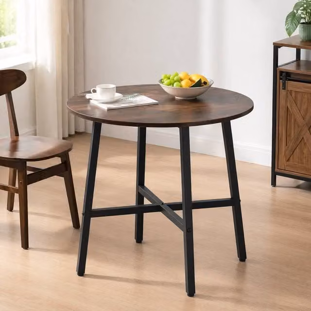 STILVORA Round Industrial Dining Table with Black Steel Frame and Brown MDF Laminate Top, W/D/H: 80 x 80 x 76 cm – 1