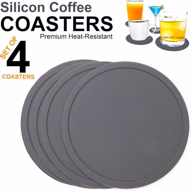 ATEK Non-Slip Round Silicone Coasters in Grey, Set of 4 – 1