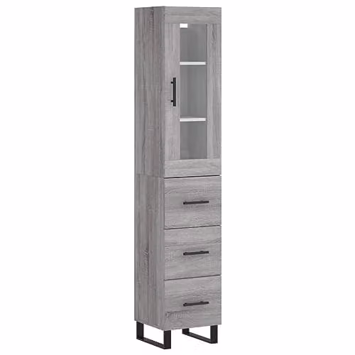 vidaXL Modern Grey Sonoma Highboard with Glass Doors and Internal Shelves, W/D/H: 34.5 x 34.0 x 180.0 cm