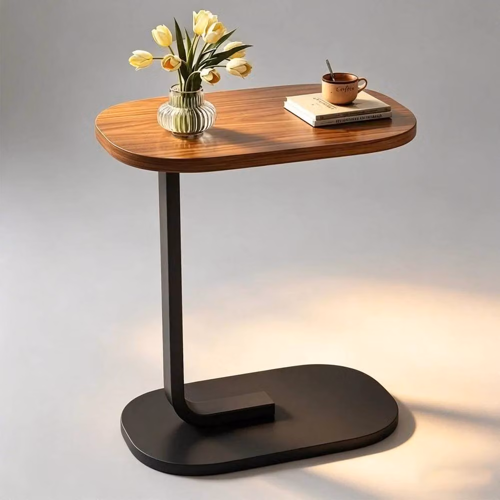 FORGEVIO Modern C-Shaped Compact Sofa Side End Table in Brown with Height-Adjustable Wood and Metal Frame – 2