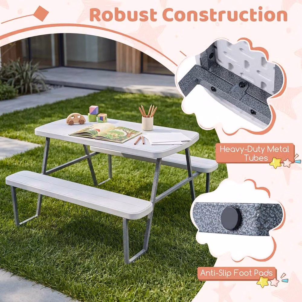 CASART Kids Picnic Table with Benches and Chairs in White – 3