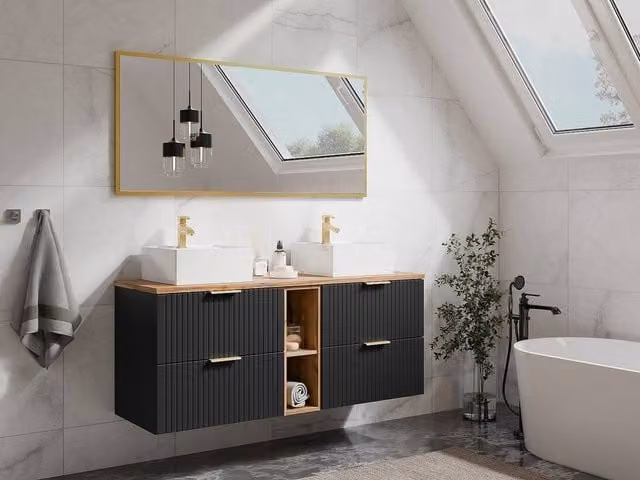 Vente-unique Striped Floating Bathroom Vanity Unit with Niches and Double Square in Black Matt, W/D/H: 140 x 46 x 57 cm – 1
