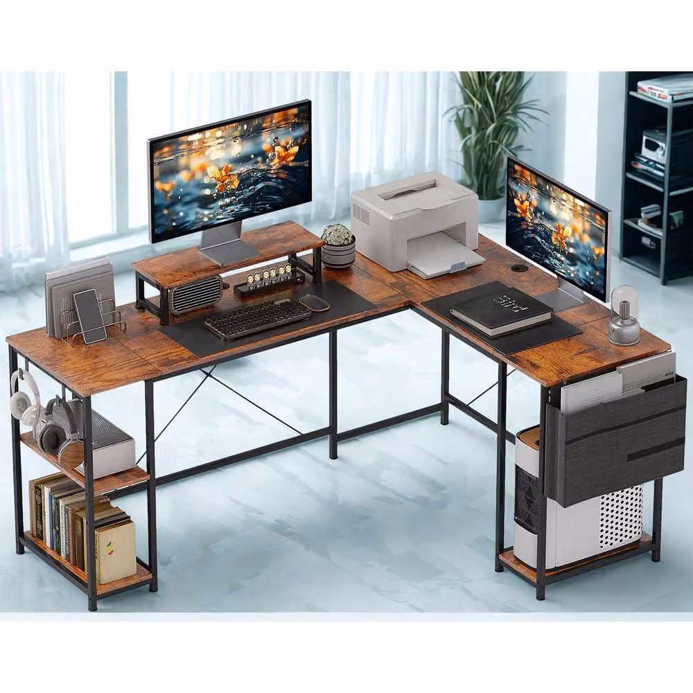 FURNOS Industrial L Shaped Corner Computer Desk in Brown, W/D/H: 168 x 120 x 76 cm – 6