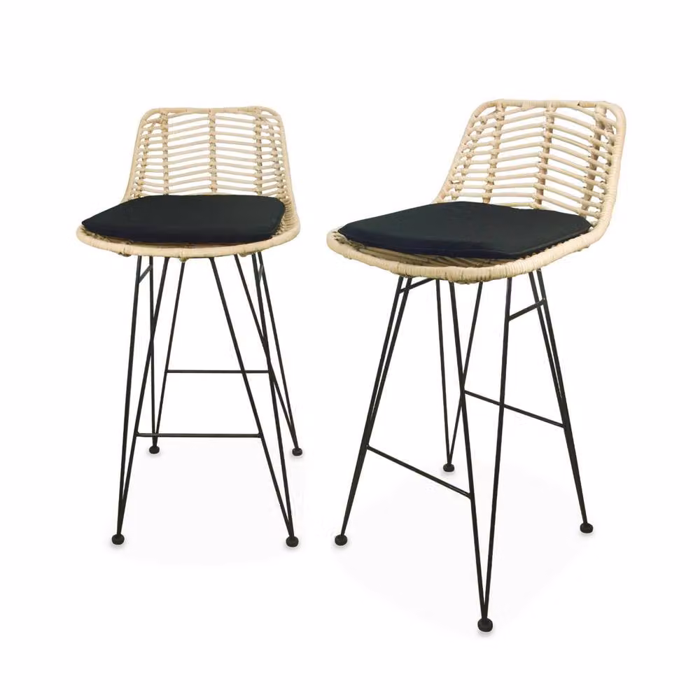 Sweekeet Pair of Black Rattan and Metal Industrial Bar Stools with Removable Fabric Covers, Height: 67 cm – 2