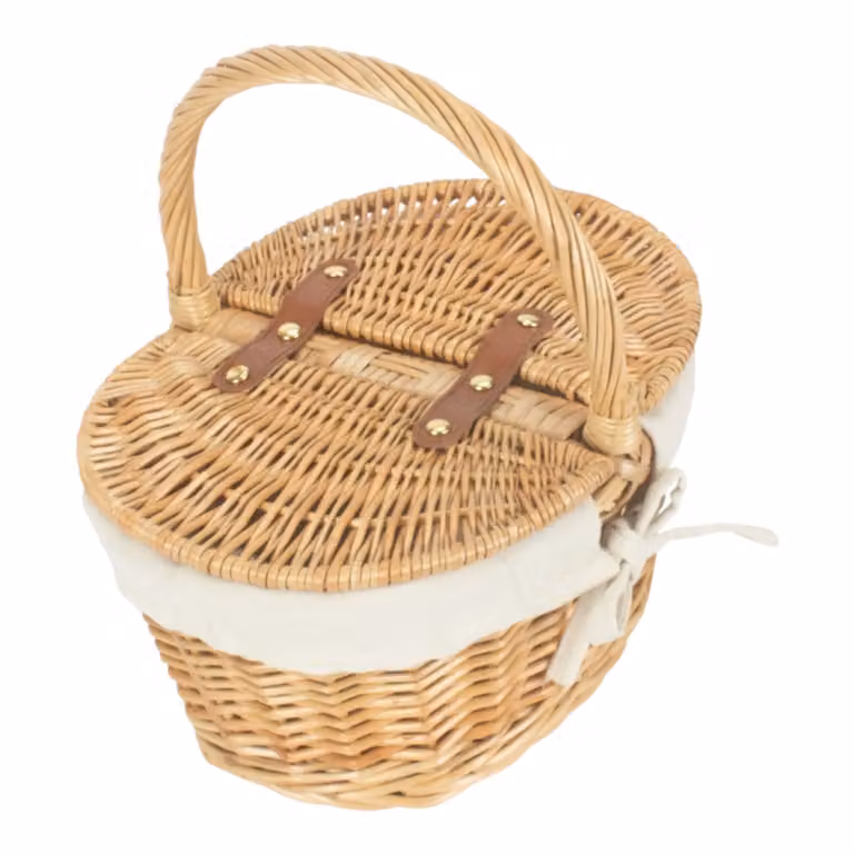 Red Wicker Child's Oval Lidded Picnic Basket with Handles and White Lining