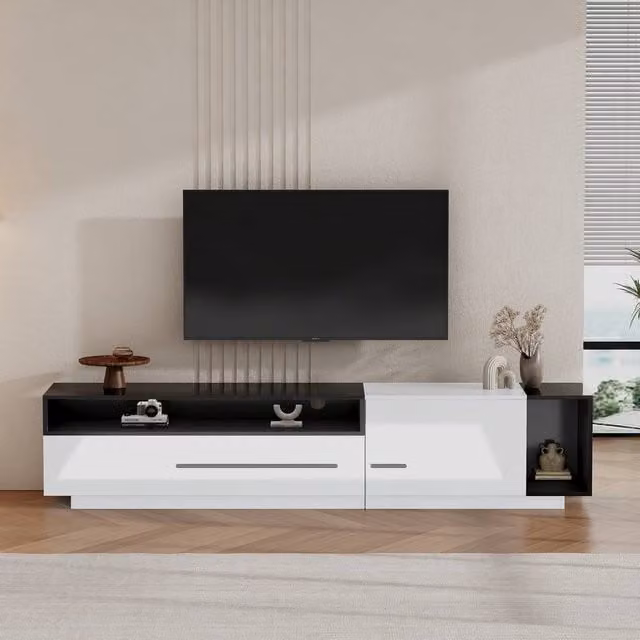 Tokpiedi Modern High Gloss Mid-Century Entertainment Center with Storage Drawer in White, W/D/H: 170 x 42 x 42 cm