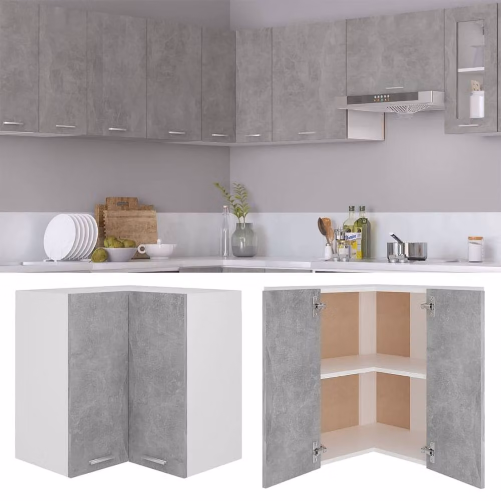 Berkfield Home Wall Mounted Corner Cabinet in Concrete Grey with Hinged Doors and Internal Shelves, W/D/H: 57 x 57 x 60 cm – 2
