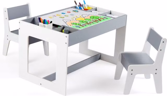 Costway Multifunctional Kids Table and 2 Chairs Set in Grey