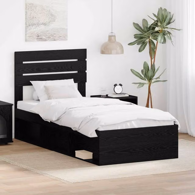 Berkfield Home Modern Bed Frame with Headboard in Black Solid Pine Wood, W/D/H: 90 x 190 cm