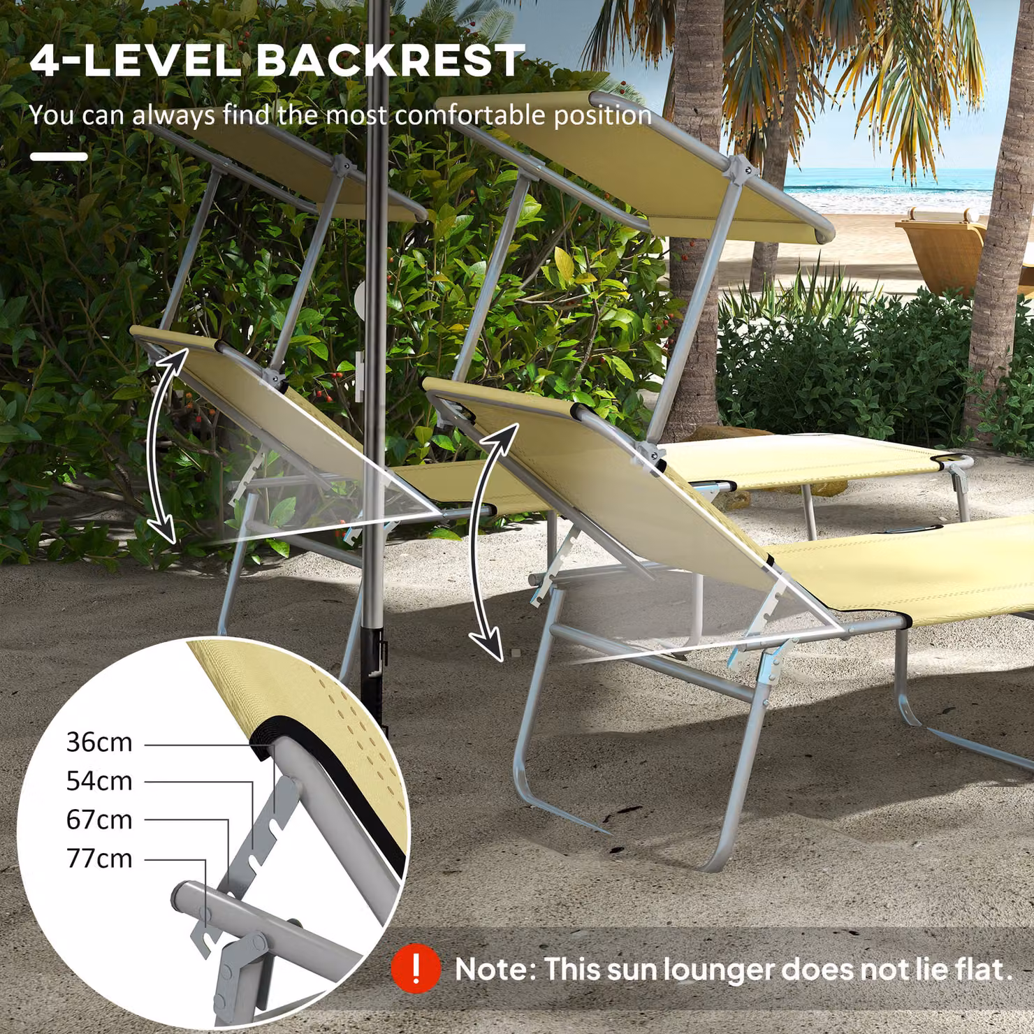 Outsunny Set of 2 Foldable Outdoor Sun Loungers with Adjustable Backrest and Sun Shade Awning, Beige – 3
