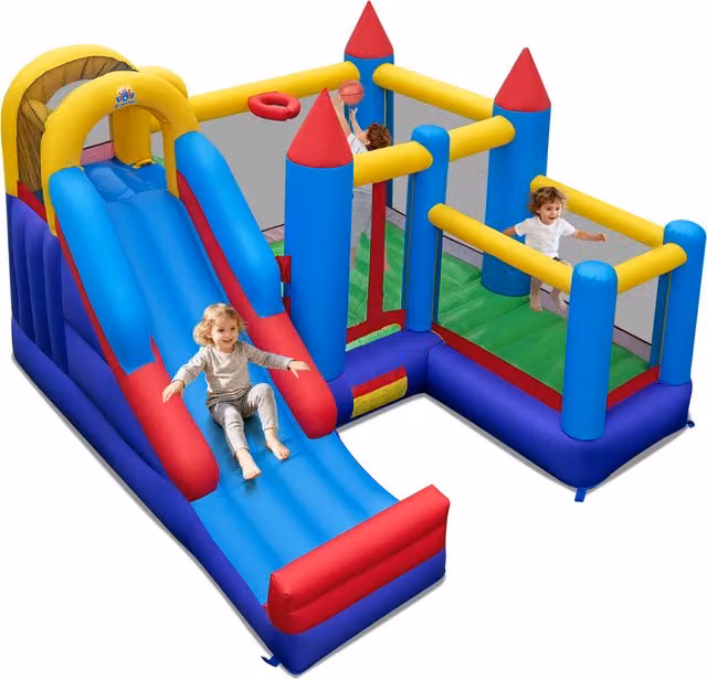 Costway Kids Bouncy Castle with Slide and Safety Net in Blue and Multicolour