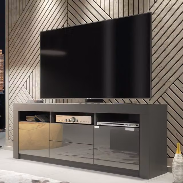 Creative Furniture Modern TV Unit in Grey with High Gloss Doors, W: 160 cm, H: 60 cm, D: 35 cm