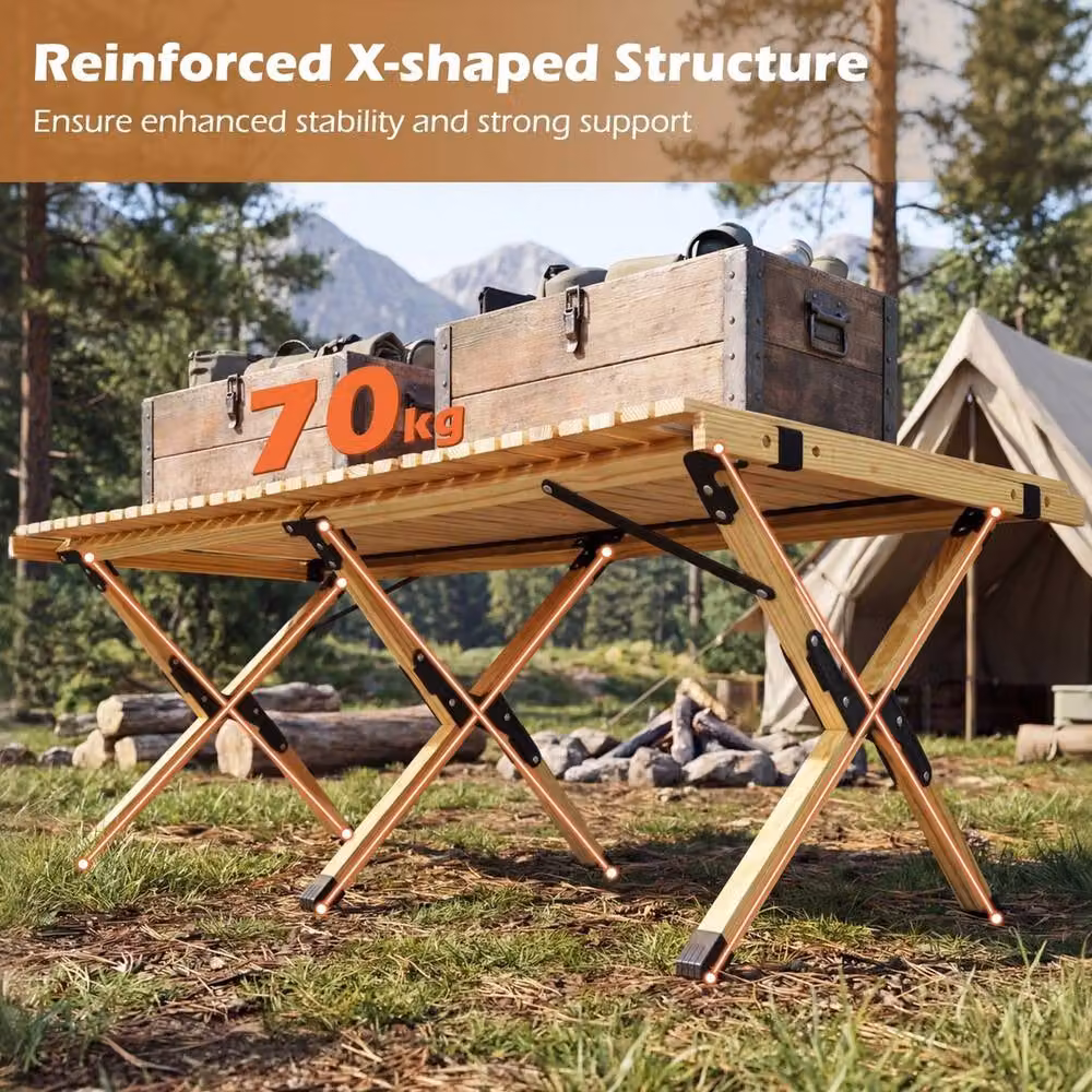 FORGEVIO Natural Pine Wood Roll-Up Portable Picnic Table with Carrying Bag – 3