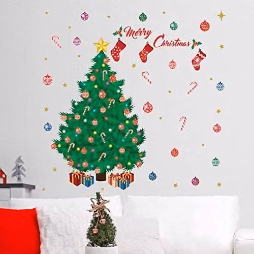 WALPLUS Merry Christmas with Christmas Tree Wall Stickers, Multicolour Adhesive Decals for Home, Nursery or School Decor