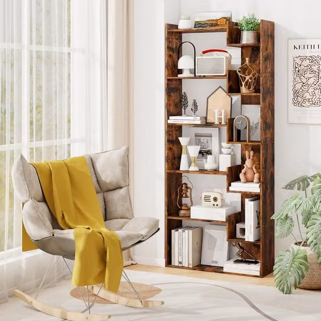 COSTWAY 11-Shelf Brown Wooden Open Display Bookshelf with Back Panel