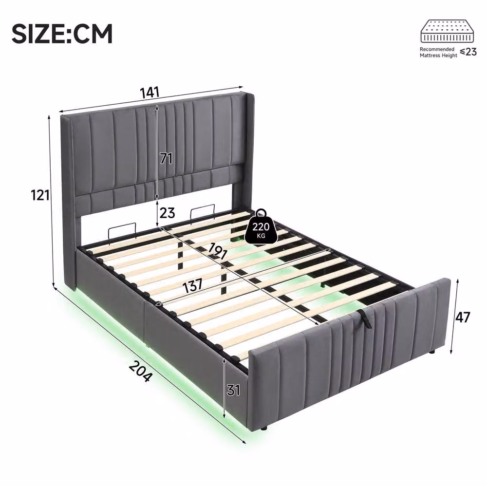 STILVORA Grey Velvet Upholstered Double Ottoman Bed with LED Under-Bed Lighting and Lift-Up Storage, W/D/H: 140 x 200 cm – 3