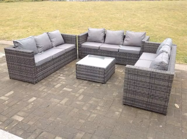 Fimous Modern Outdoor Rattan Garden Furniture Lounge Sofa Set with Square Coffee Table in Dark Grey, W/D/H: 177 x 65 x 66 cm