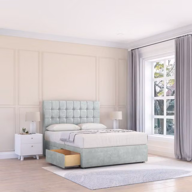 Sloomy Alabama Super King Divan Bed Base with 26 inch Struts Headboard in Silver