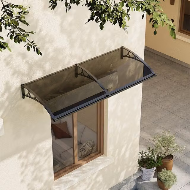 Livingandhome Aluminium Door Canopy Window Awning with Black Frame and Dark Grey Polycarbonate Cover, Width: 200 cm