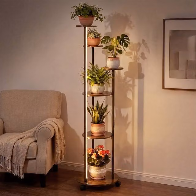 Gymax 6-Tier Round Metal Indoor Plant Stand with Wheels and 16-Colour LED Lights in Brown – 1