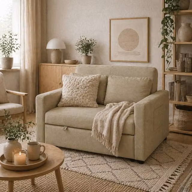 Wyld Haus Venido Loni 2 Seater Beige and Brown Fabric Click Clack Sofa Bed with Scatter Cushions and Removable Covers – 1