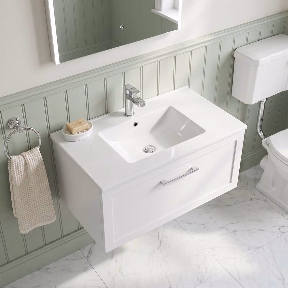 Balterley Stonnall Wall Mounted 1 Drawer Vanity with Ceramic Basin, Matt White, Width: 80 cm – 2