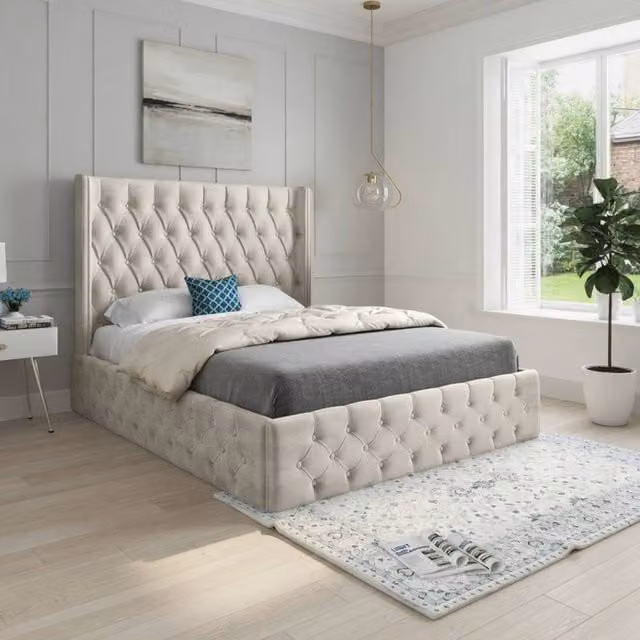 KDMD Vange Winged Upholstered Designer Bed Frame in Beige Velvet, Single (90 x 190 cm)