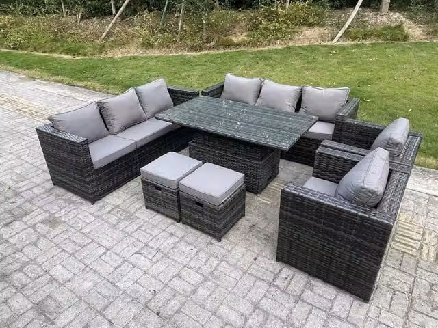 Fimous 10 Seater Dark Grey Wicker PE Rattan Garden Furniture Set with Adjustable Rising Lifting Dining Table
