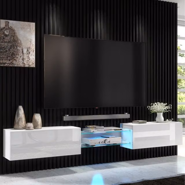 Furneo Art 02 Modern Glossy White TV Stand with Blue LED and Glass